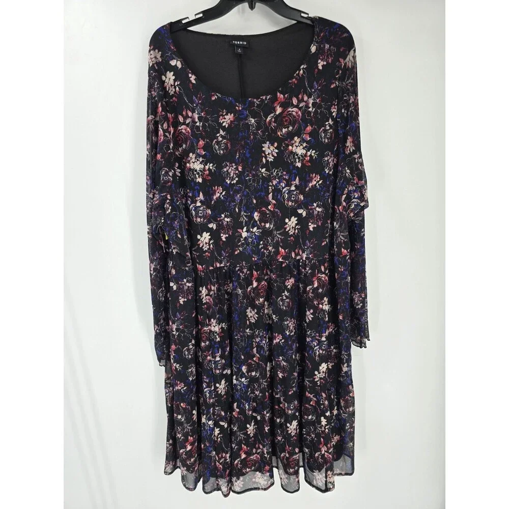 Torrid Plus Size Ruffled Mini Dress Mesh Dark Floral Black Skater Babydoll Dress